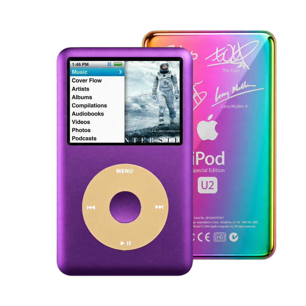 Purple refurbished iPod Classic 7th Gen with Gold click wheel and Rainbow U2 back plate