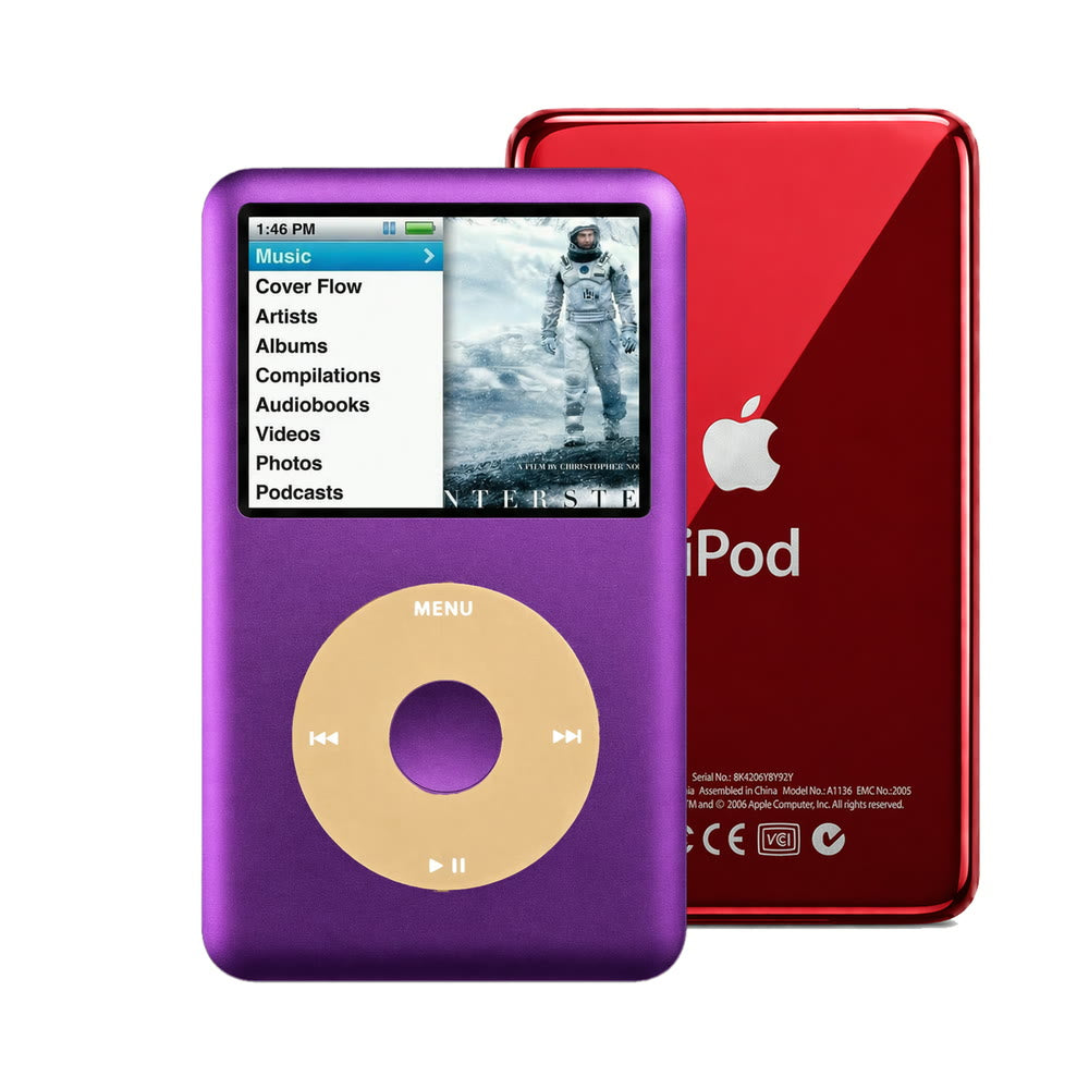 Purple refurbished iPod Classic 7th Gen with Gold click wheel and Red back plate