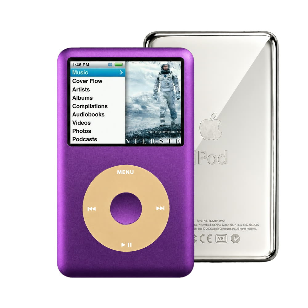 Purple refurbished iPod Classic 7th Gen with Gold click wheel and Silver back plate