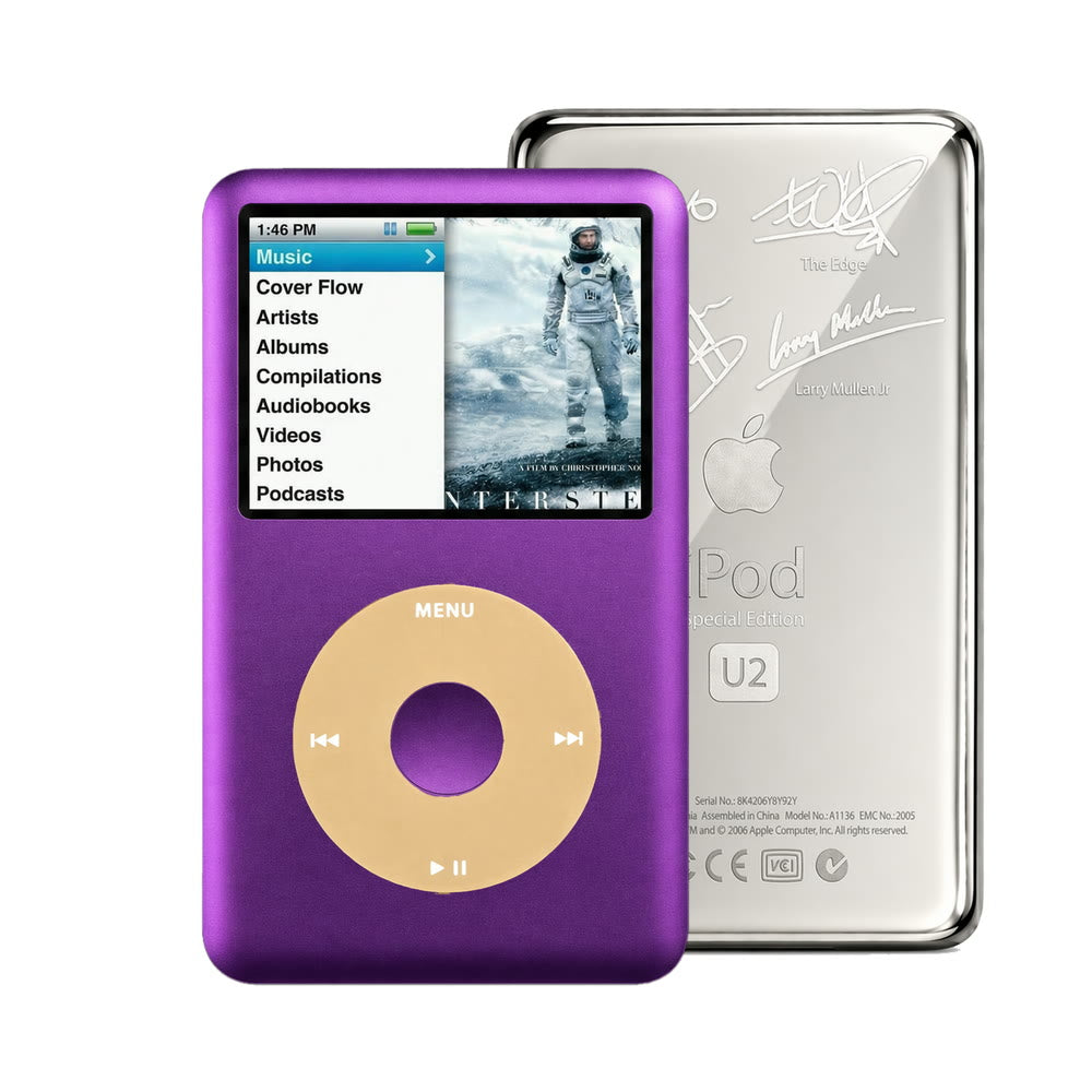 Purple refurbished iPod Classic 7th Gen with Gold click wheel and Silver U2 back plate