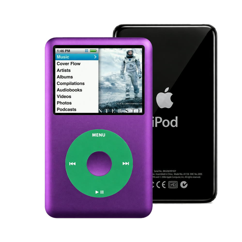 Purple refurbished iPod Classic 7th Gen with Green click wheel and Black back plate
