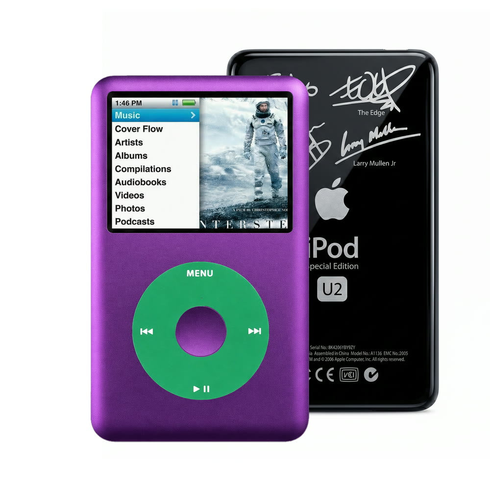 Purple refurbished iPod Classic 7th Gen with Green click wheel and Black U2 back plate