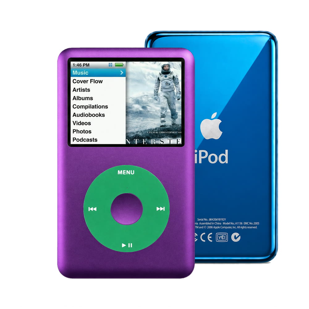 Purple refurbished iPod Classic 7th Gen with Green click wheel and Blue back plate