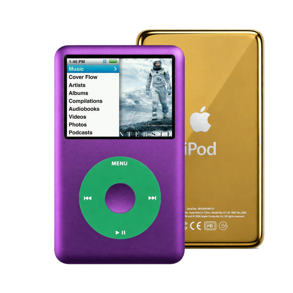 Purple refurbished iPod Classic 7th Gen with Green click wheel and Gold back plate