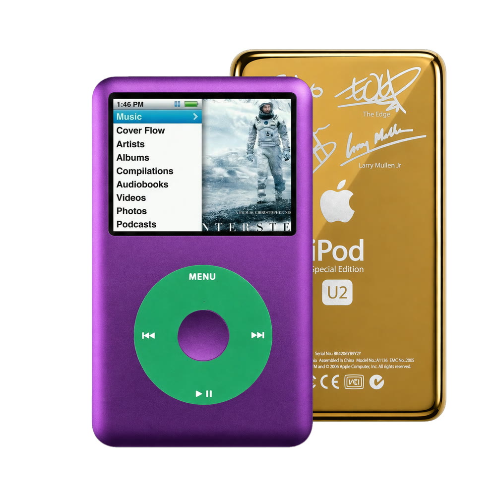Purple refurbished iPod Classic 7th Gen with Green click wheel and Gold U2 back plate