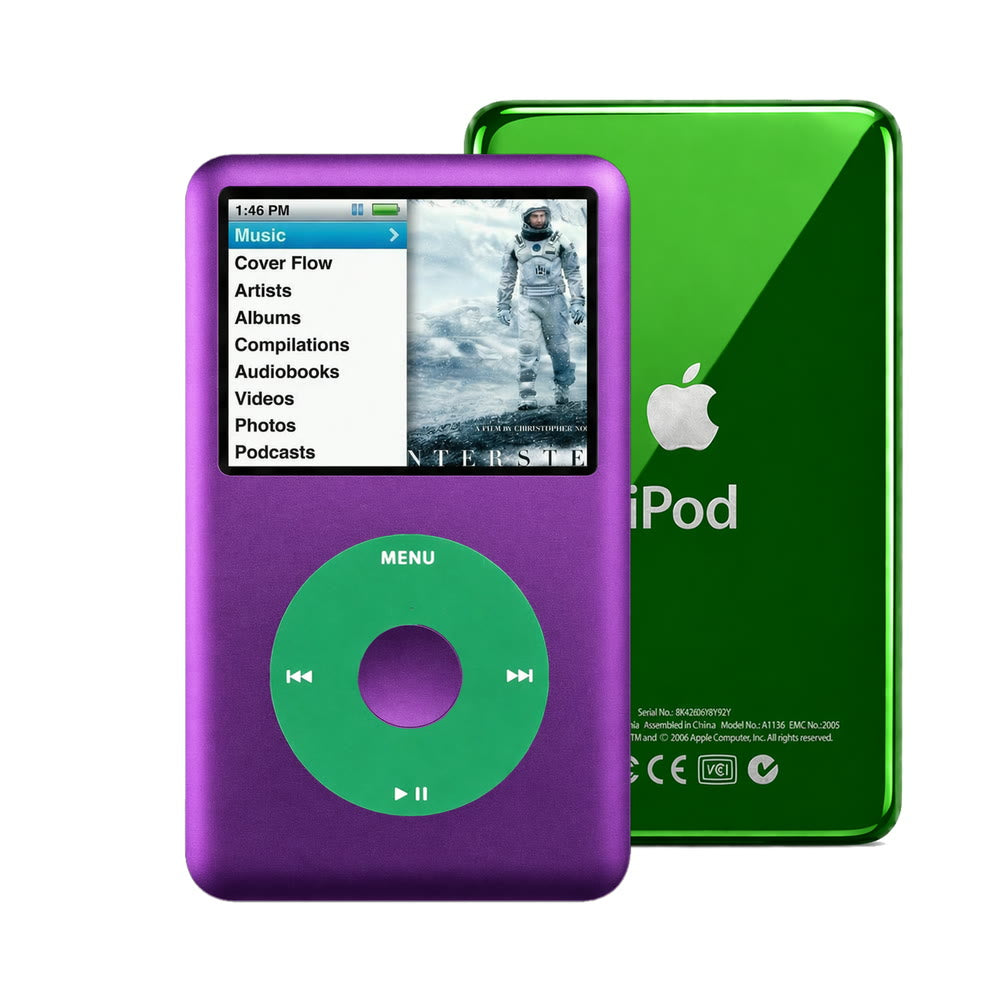 Purple refurbished iPod Classic 7th Gen with Green click wheel and Green back plate