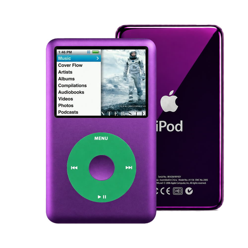 Purple refurbished iPod Classic 7th Gen with Green click wheel and Purple back plate