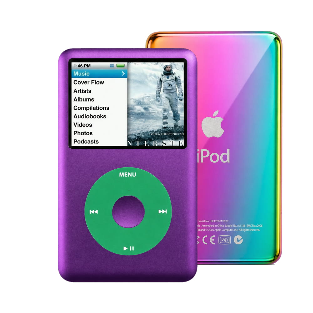 Purple refurbished iPod Classic 7th Gen with Green click wheel and Rainbow back plate
