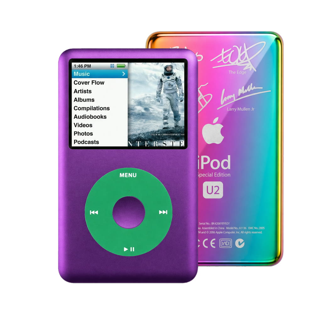 Purple refurbished iPod Classic 7th Gen with Green click wheel and Rainbow U2 back plate