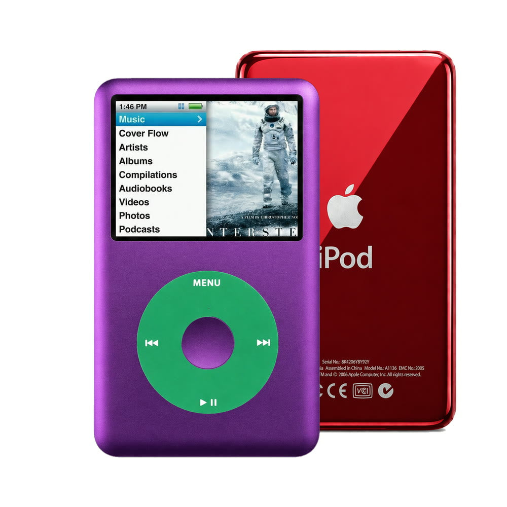 Purple refurbished iPod Classic 7th Gen with Green click wheel and Red back plate