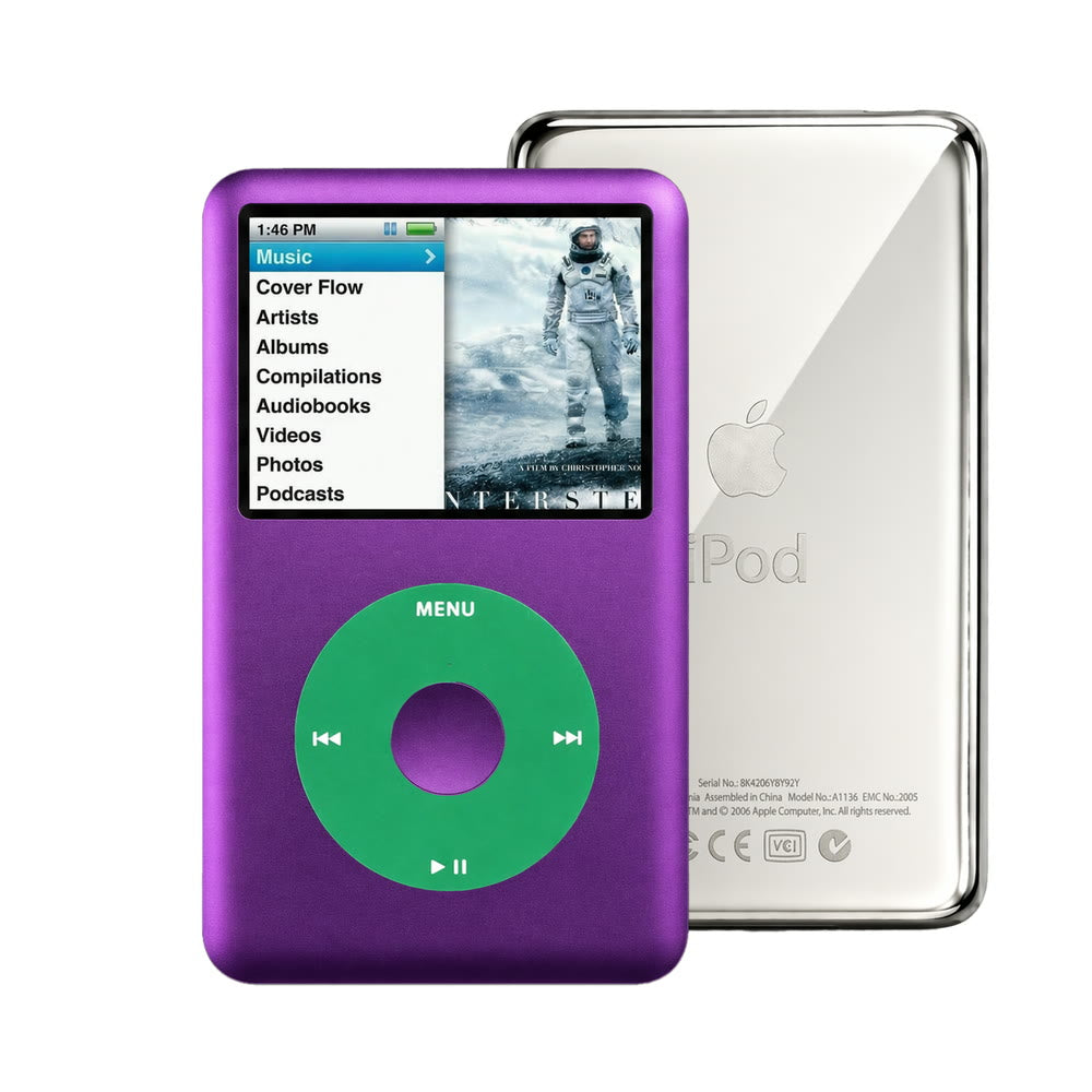 Purple refurbished iPod Classic 7th Gen with Green click wheel and Silver back plate