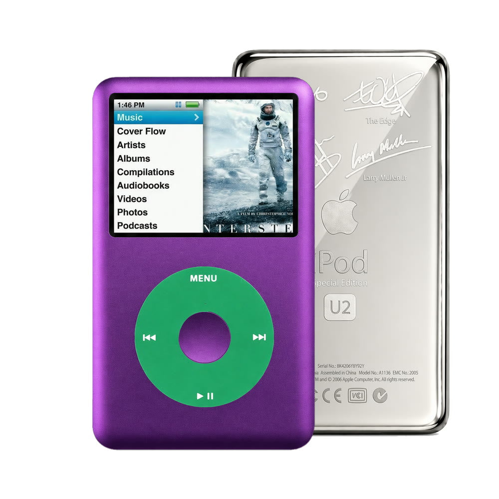 Purple refurbished iPod Classic 7th Gen with Green click wheel and Silver U2 back plate