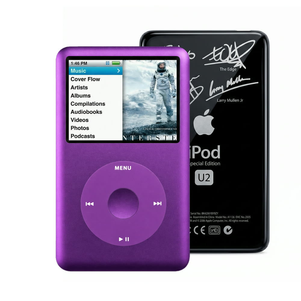 Purple refurbished iPod Classic 7th Gen with Purple click wheel and Black U2 back plate