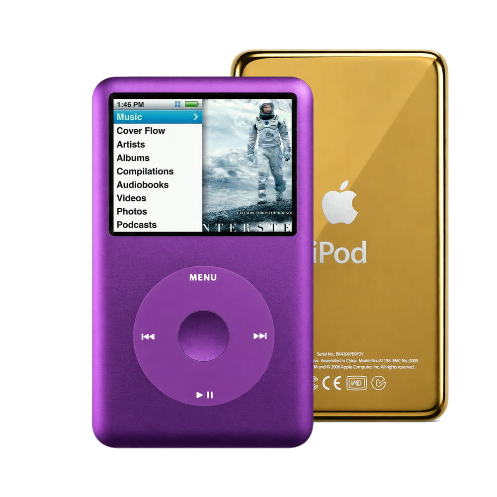 Purple refurbished iPod Classic 7th Gen with Purple click wheel and Gold back plate