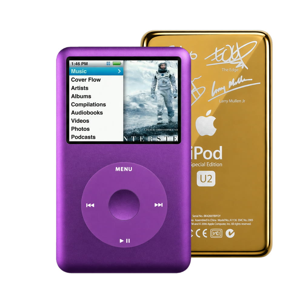 Purple refurbished iPod Classic 7th Gen with Purple click wheel and Gold U2 back plate