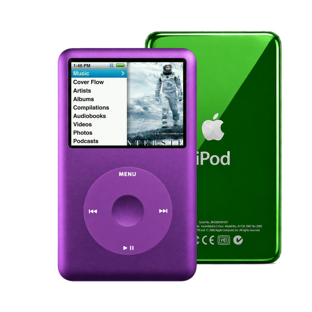 Purple refurbished iPod Classic 7th Gen with Purple click wheel and Green back plate