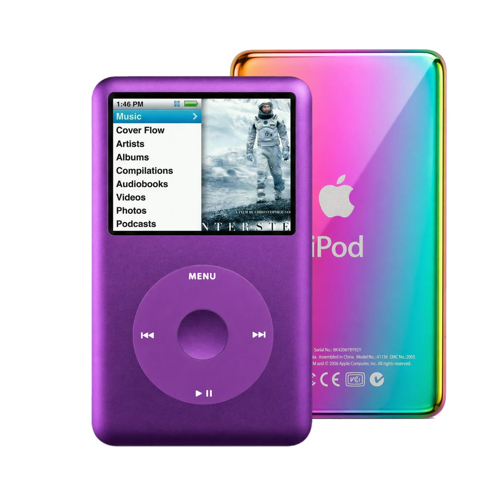 Purple refurbished iPod Classic 7th Gen with Purple click wheel and Rainbow back plate