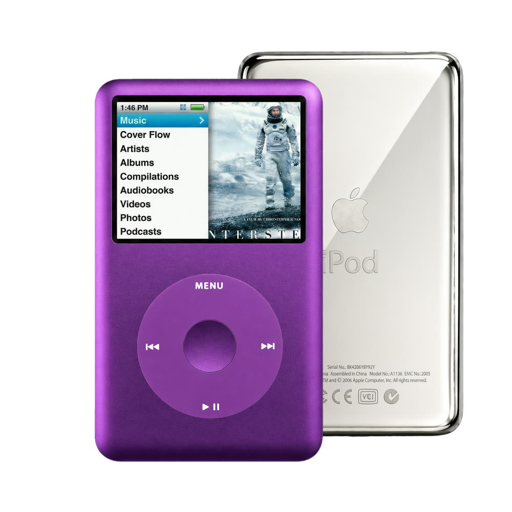 Purple refurbished iPod Classic 7th Gen with Purple click wheel and Silver back plate
