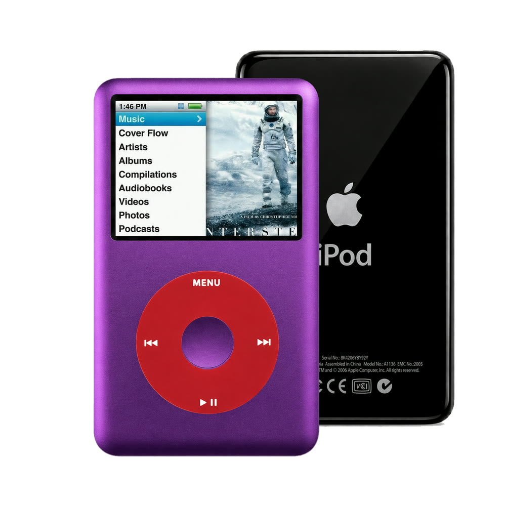 Purple refurbished iPod Classic 7th Gen with Red click wheel and Black back plate