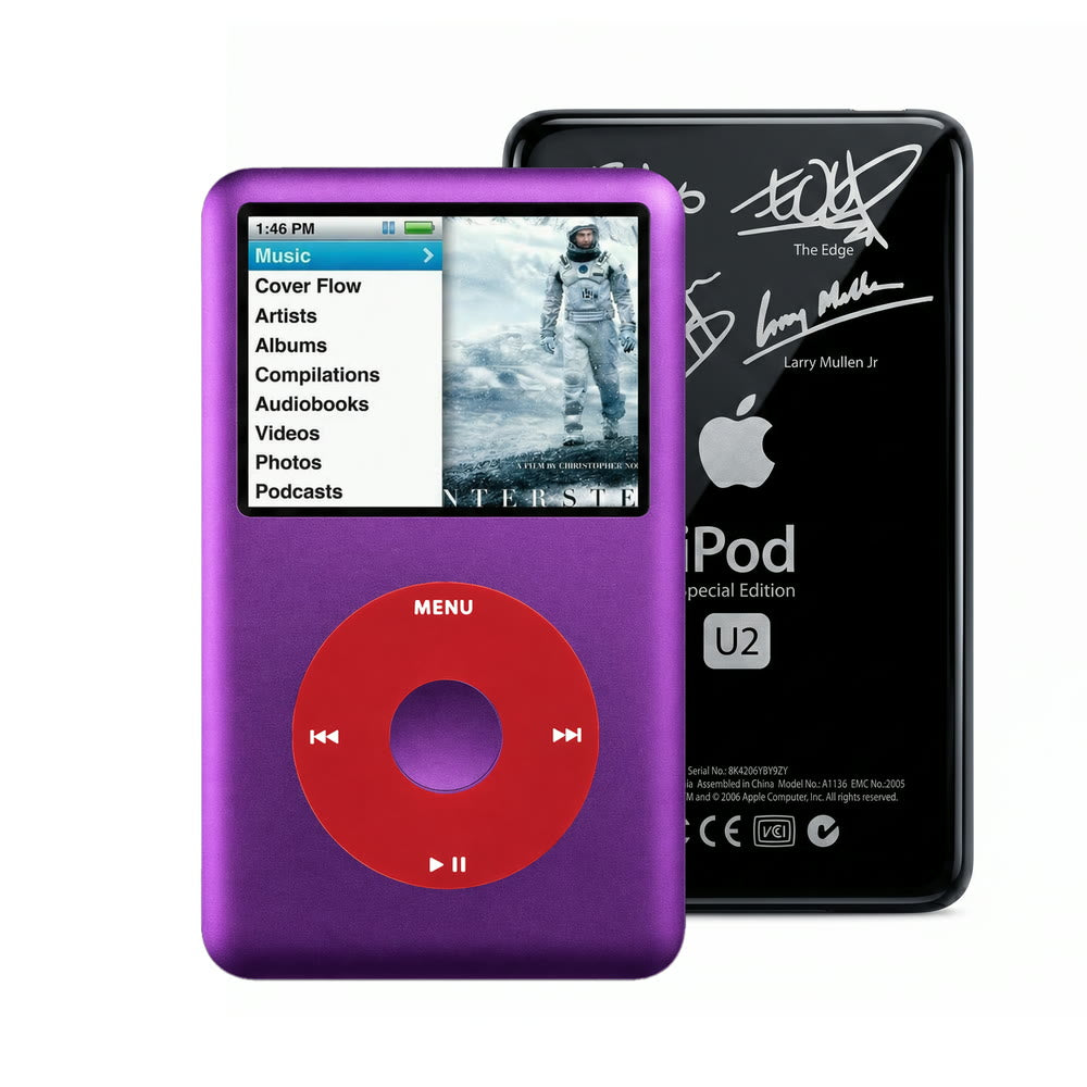 Purple refurbished iPod Classic 7th Gen with Red click wheel and Black U2 back plate