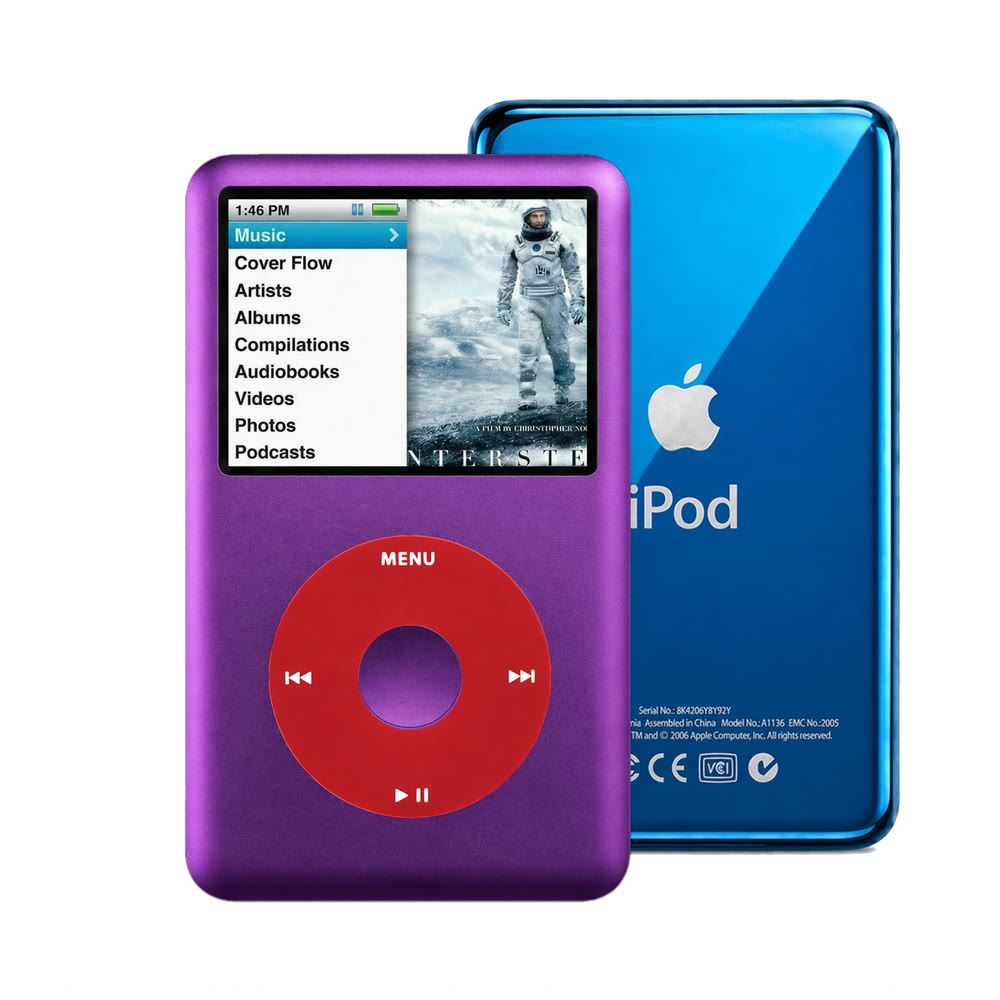 Purple refurbished iPod Classic 7th Gen with Red click wheel and Blue back plate