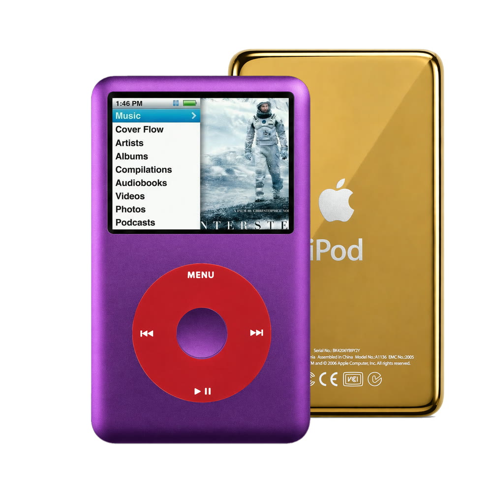 Purple refurbished iPod Classic 7th Gen with Red click wheel and Gold back plate