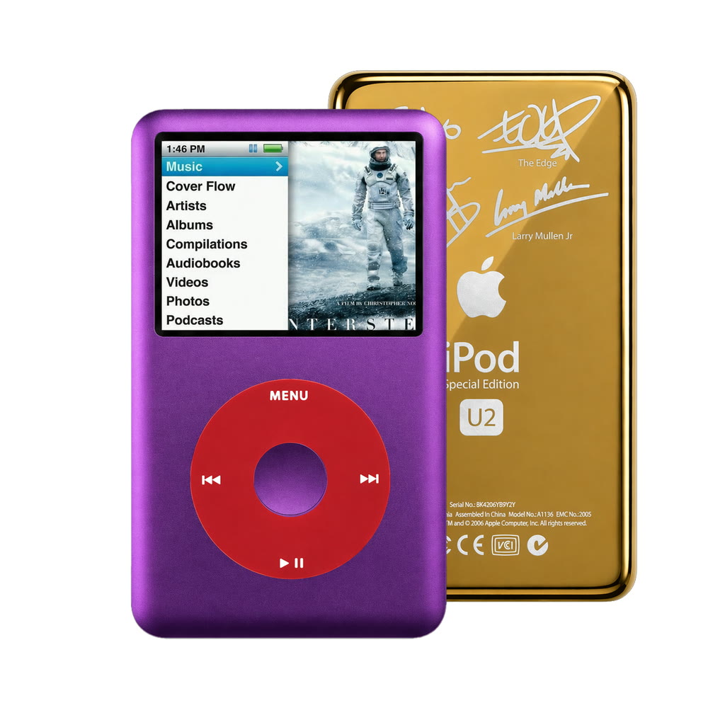 Purple refurbished iPod Classic 7th Gen with Red click wheel and Gold U2 back plate