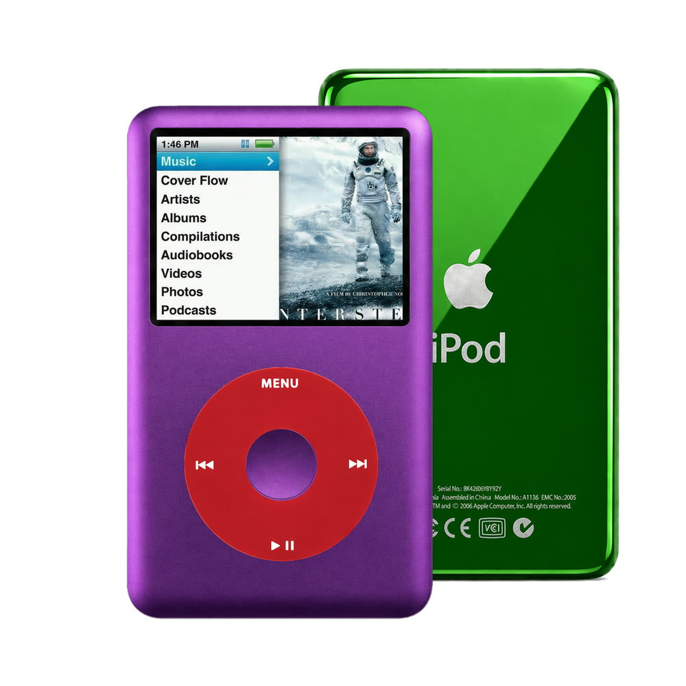 Purple refurbished iPod Classic 7th Gen with Red click wheel and Green back plate