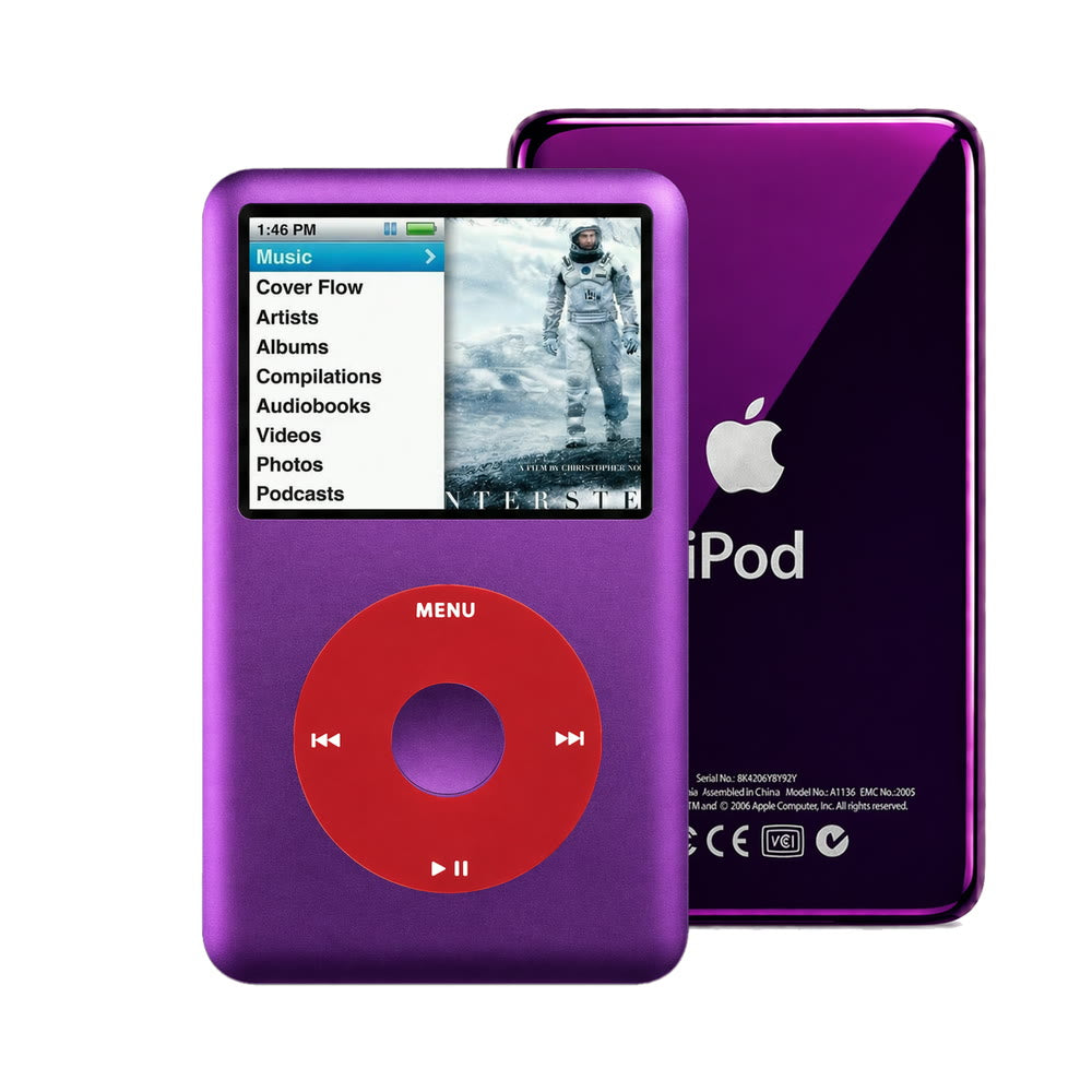 Purple refurbished iPod Classic 7th Gen with Red click wheel and Purple back plate