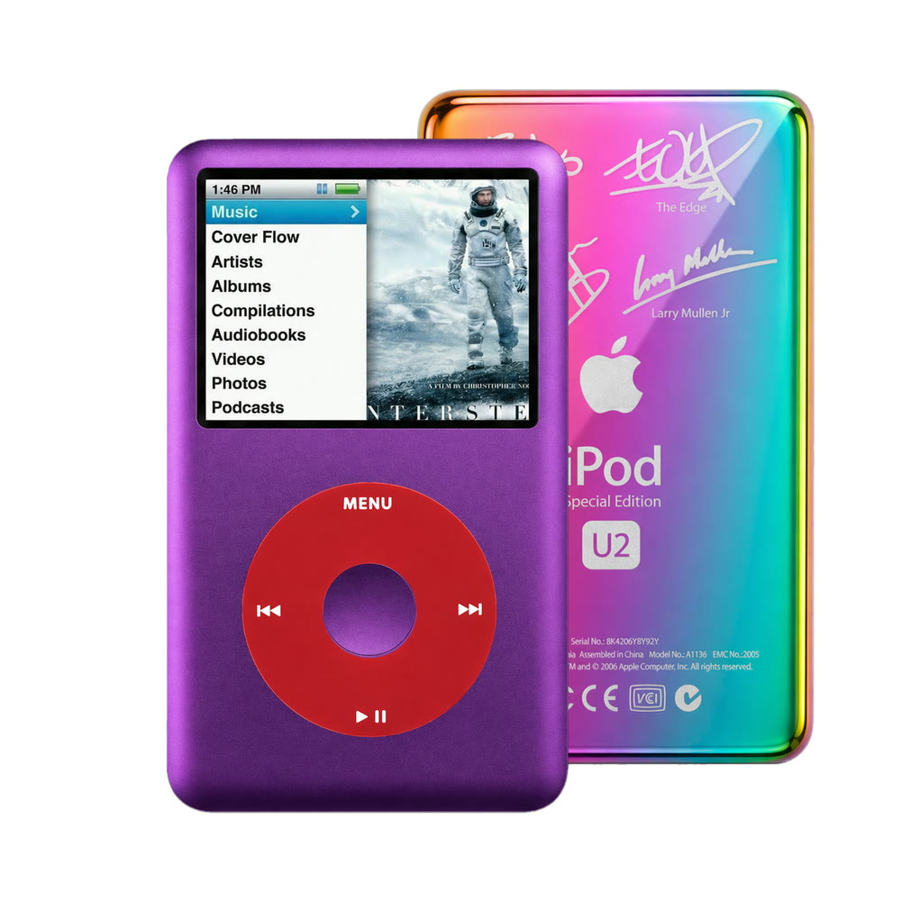 Purple refurbished iPod Classic 7th Gen with Red click wheel and Rainbow U2 back plate