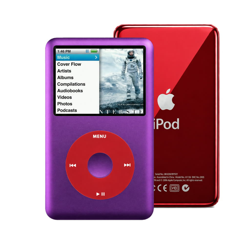 Purple refurbished iPod Classic 7th Gen with Red click wheel and Red back plate