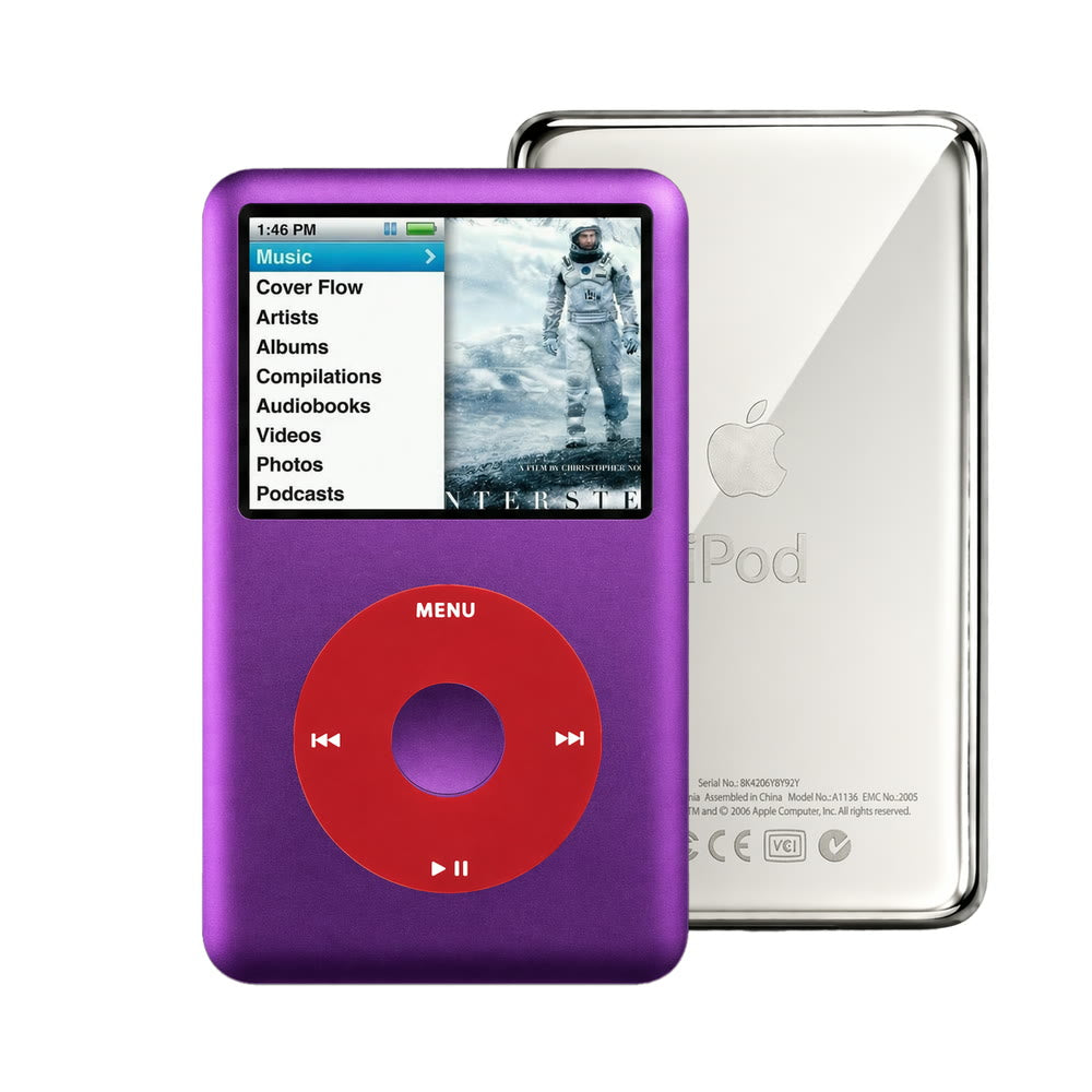 Purple refurbished iPod Classic 7th Gen with Red click wheel and Silver back plate