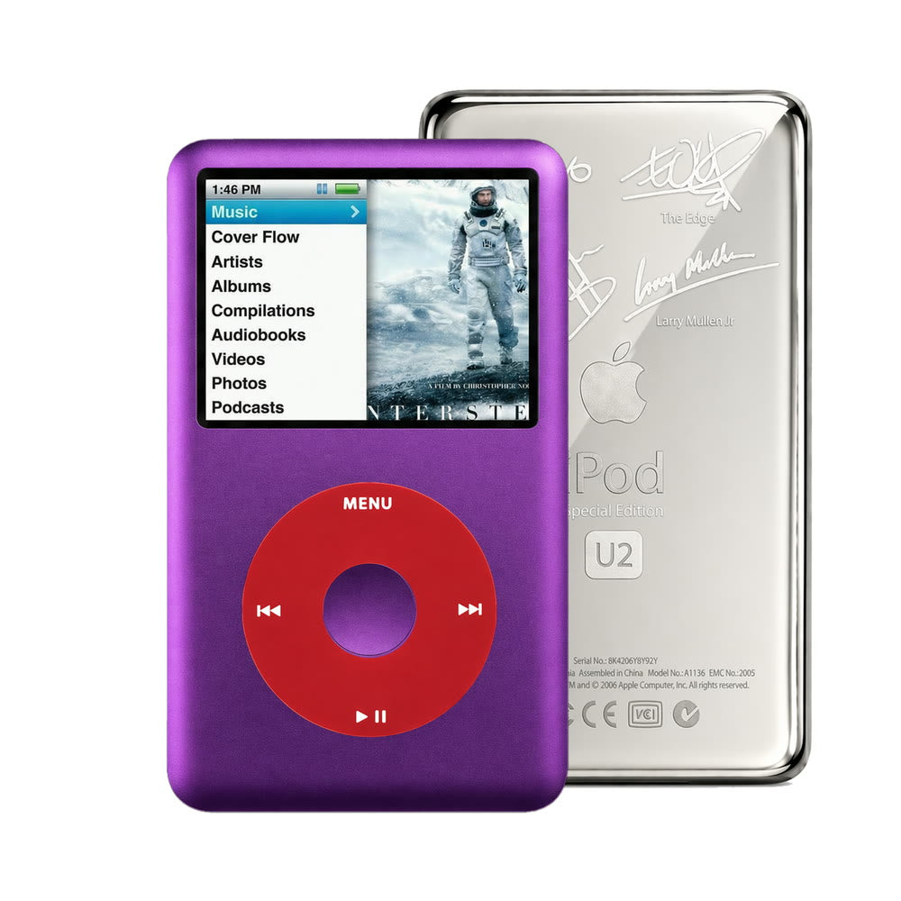 Purple refurbished iPod Classic 7th Gen with Red click wheel and Silver U2 back plate