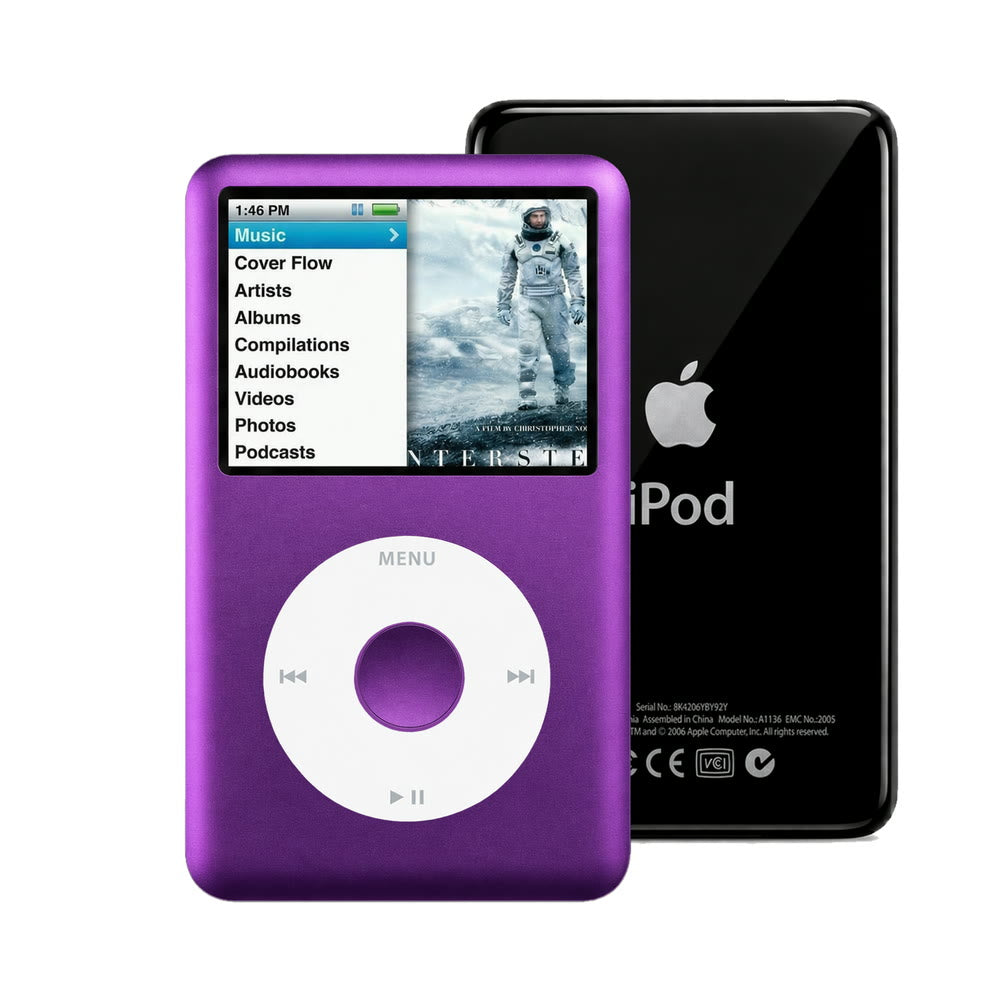 Purple refurbished iPod Classic 7th Gen with White click wheel and Black back plate