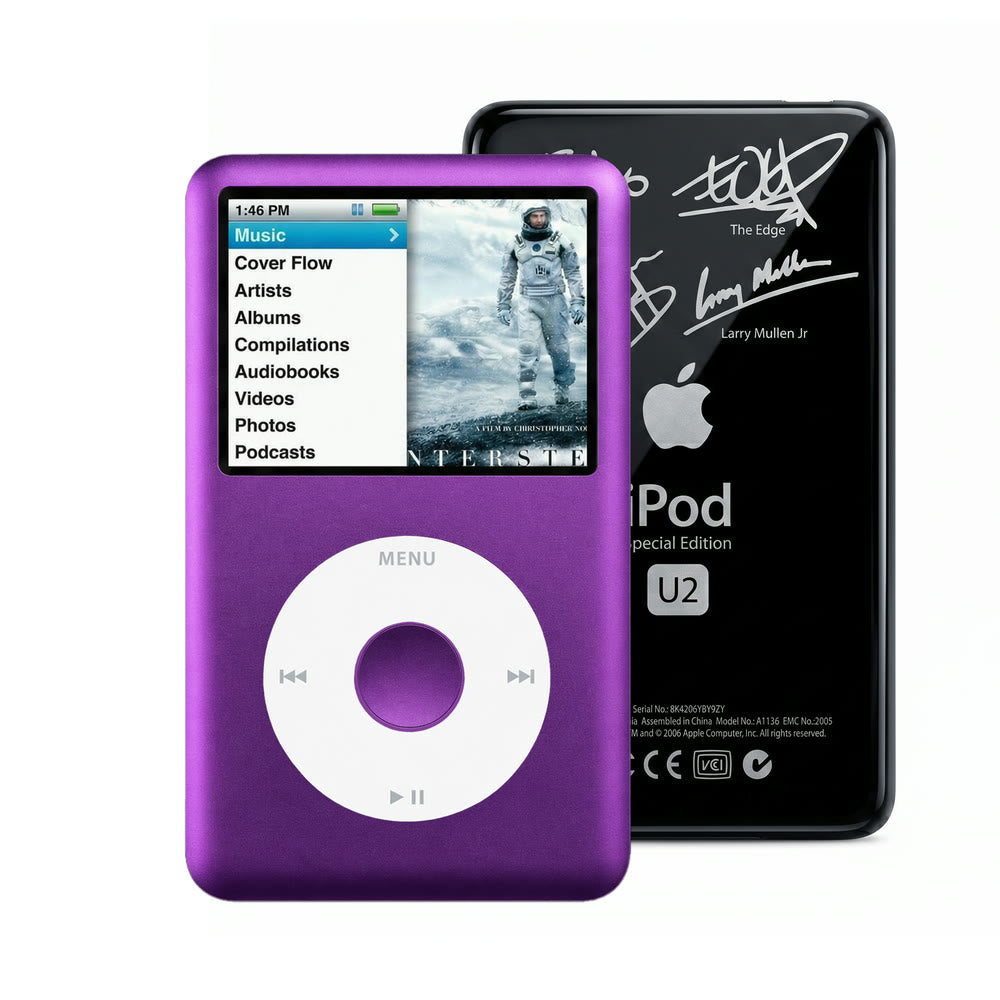 Purple refurbished iPod Classic 7th Gen with White click wheel and Black U2 back plate