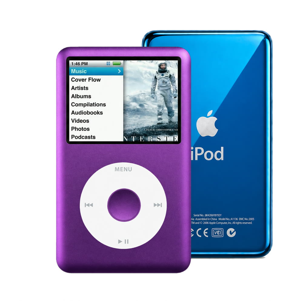 Purple refurbished iPod Classic 7th Gen with White click wheel and Blue back plate