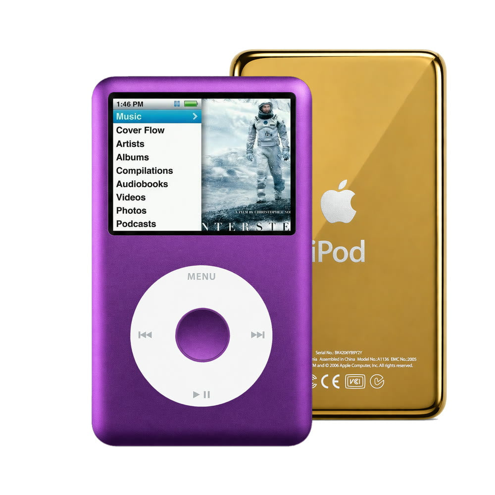 Purple refurbished iPod Classic 7th Gen with White click wheel and Gold back plate