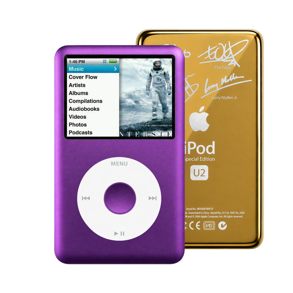Purple refurbished iPod Classic 7th Gen with White click wheel and Gold U2 back plate