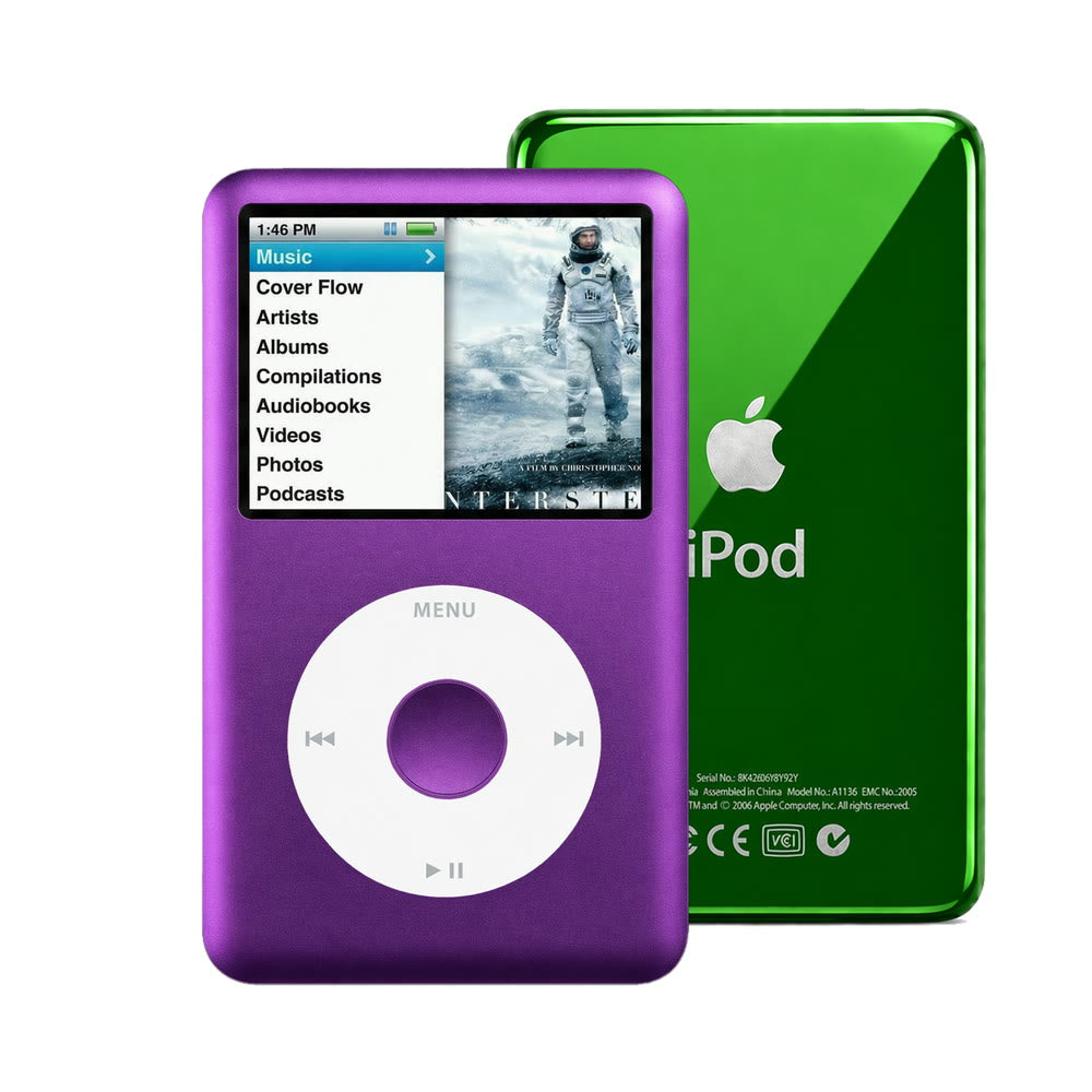 Purple refurbished iPod Classic 7th Gen with White click wheel and Green back plate