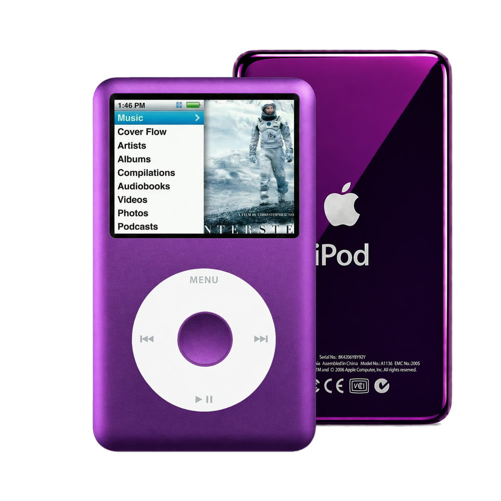 Purple refurbished iPod Classic 7th Gen with White click wheel and Purple back plate