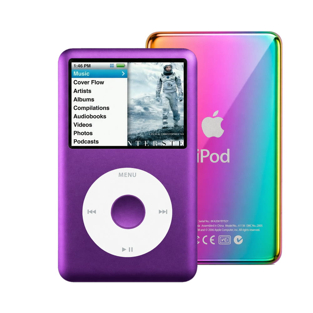 Purple refurbished iPod Classic 7th Gen with White click wheel and Rainbow back plate