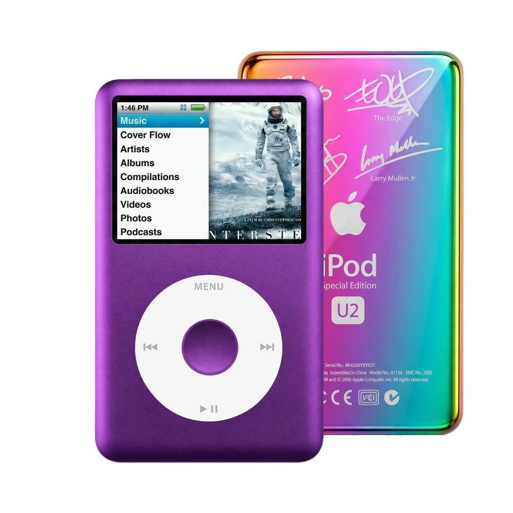 Purple refurbished iPod Classic 7th Gen with White click wheel and Rainbow U2 back plate