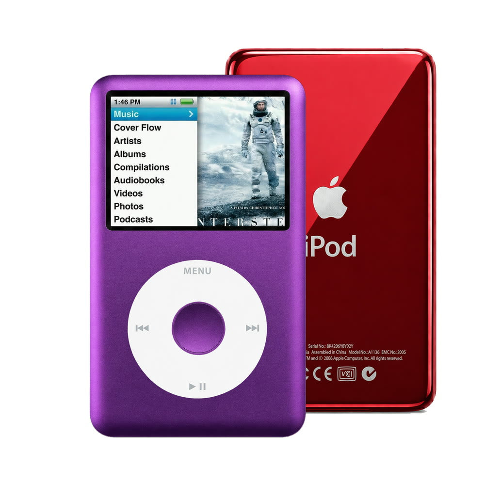 Purple refurbished iPod Classic 7th Gen with White click wheel and Red back plate
