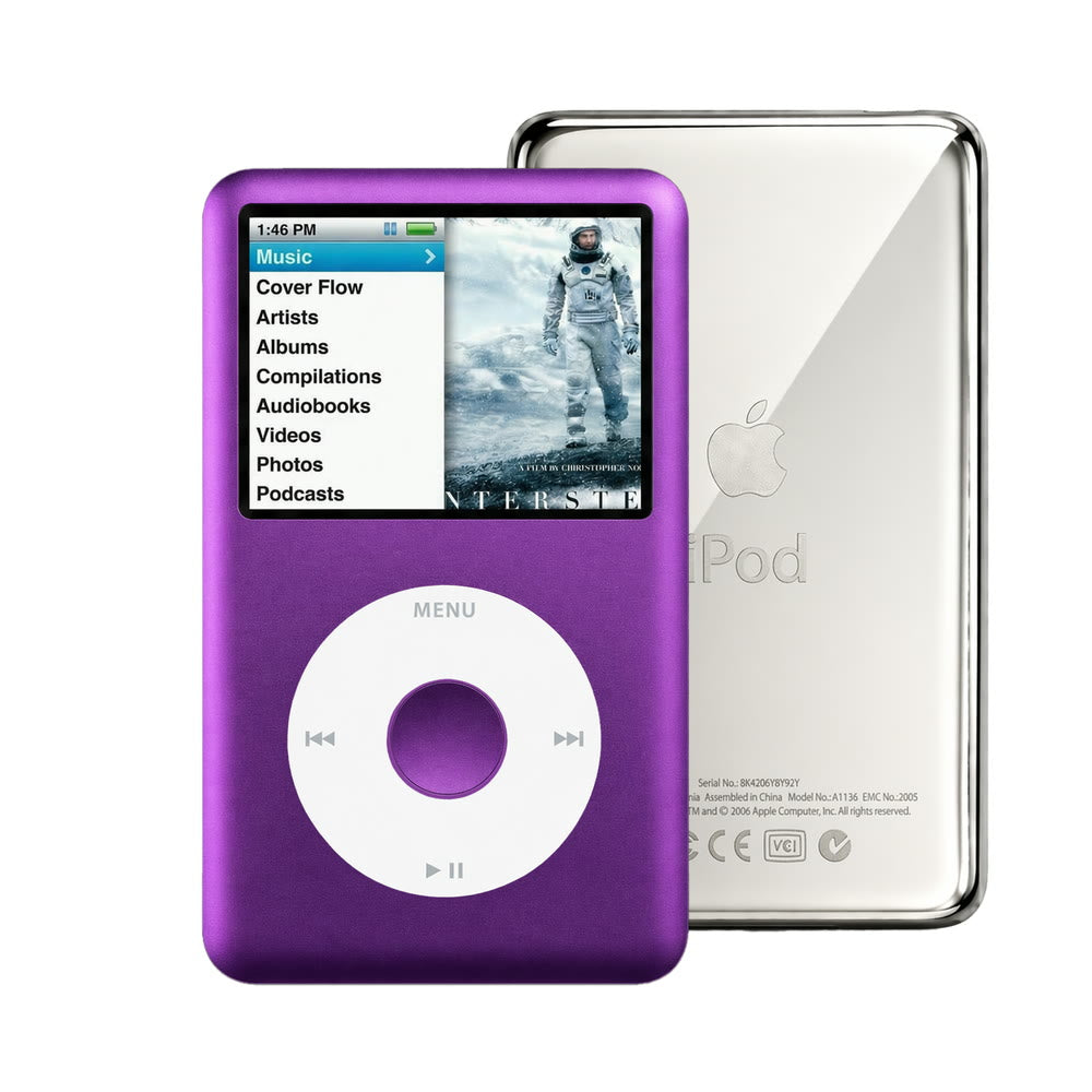 Purple refurbished iPod Classic 7th Gen with White click wheel and Silver back plate