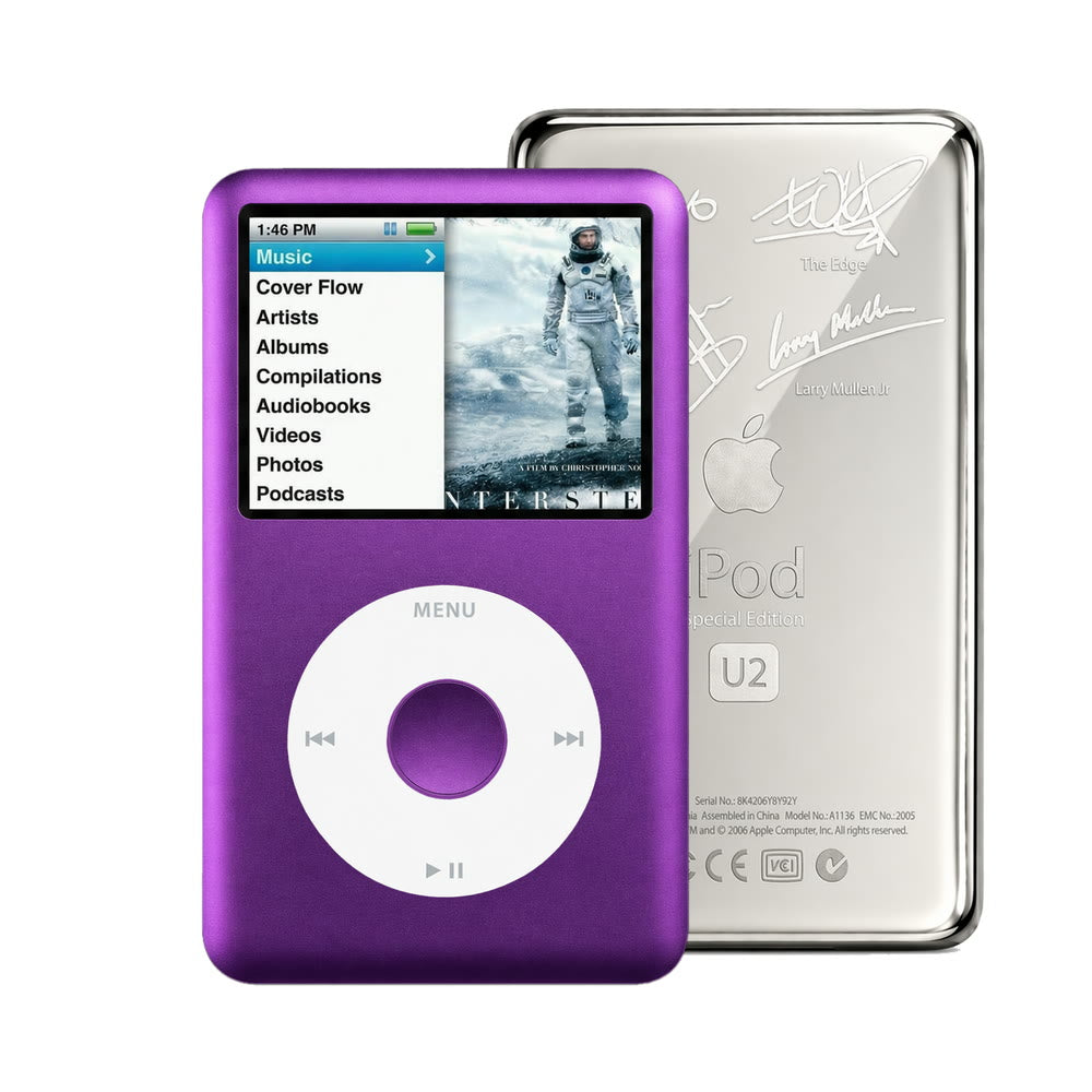Purple refurbished iPod Classic 7th Gen with White click wheel and Silver U2 back plate