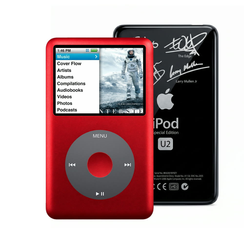 Red refurbished iPod Classic 7th Gen with Black click wheel and Black U2 back plate