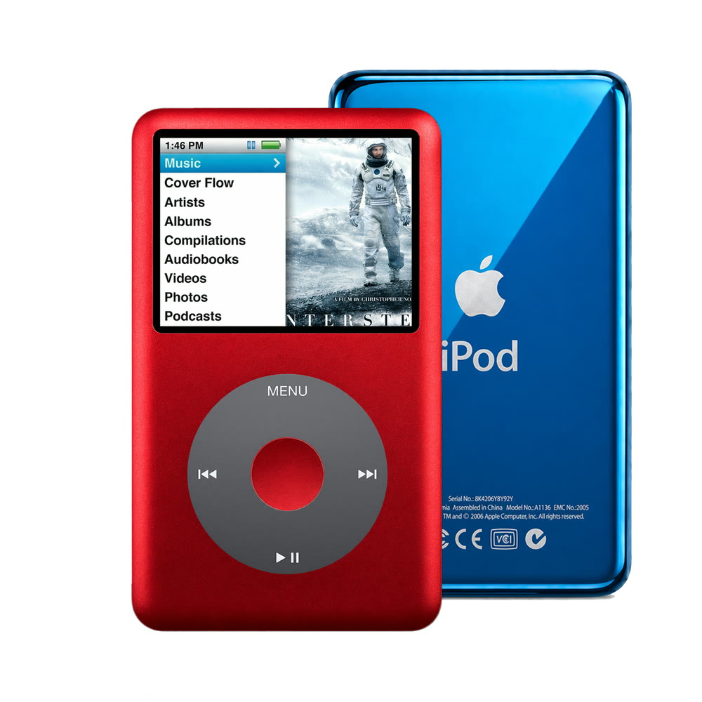 Red refurbished iPod Classic 7th Gen with Black click wheel and Blue back plate