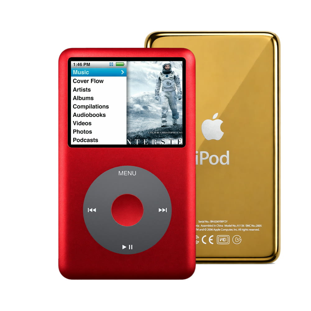 Red refurbished iPod Classic 7th Gen with Black click wheel and Gold back plate