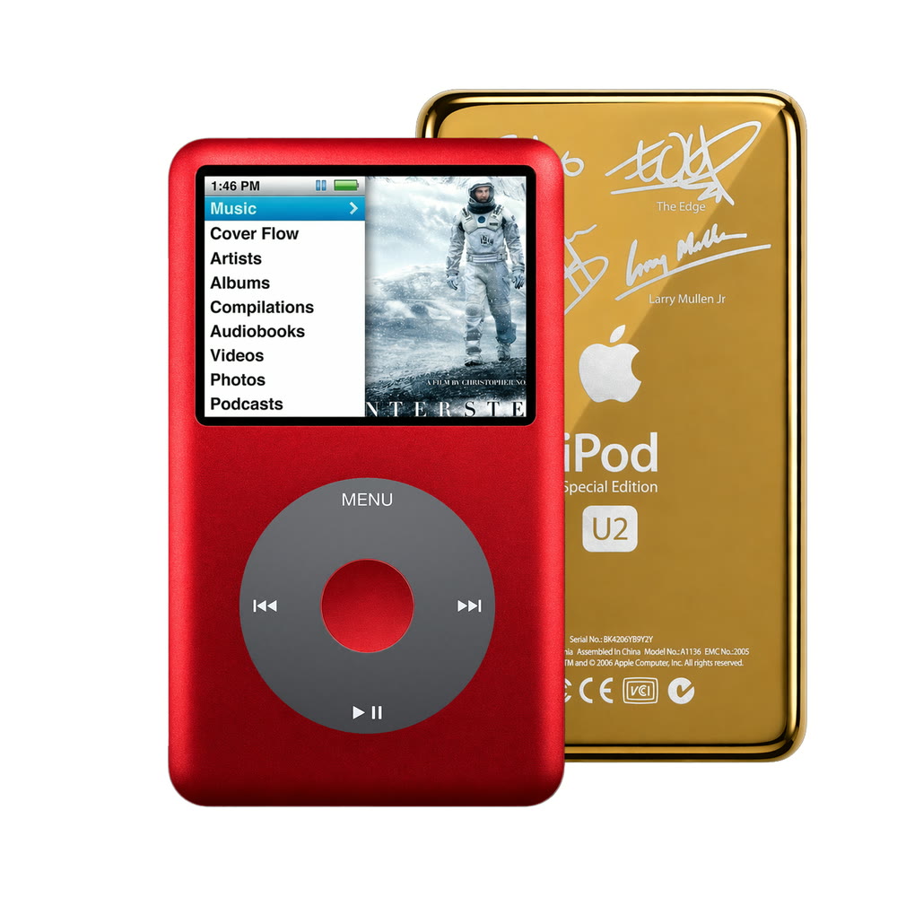 Red refurbished iPod Classic 7th Gen with Black click wheel and Gold U2 back plate