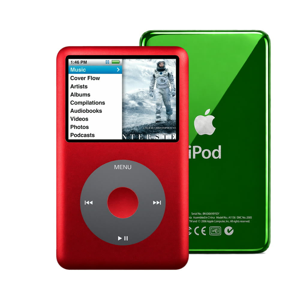 Red refurbished iPod Classic 7th Gen with Black click wheel and Green back plate